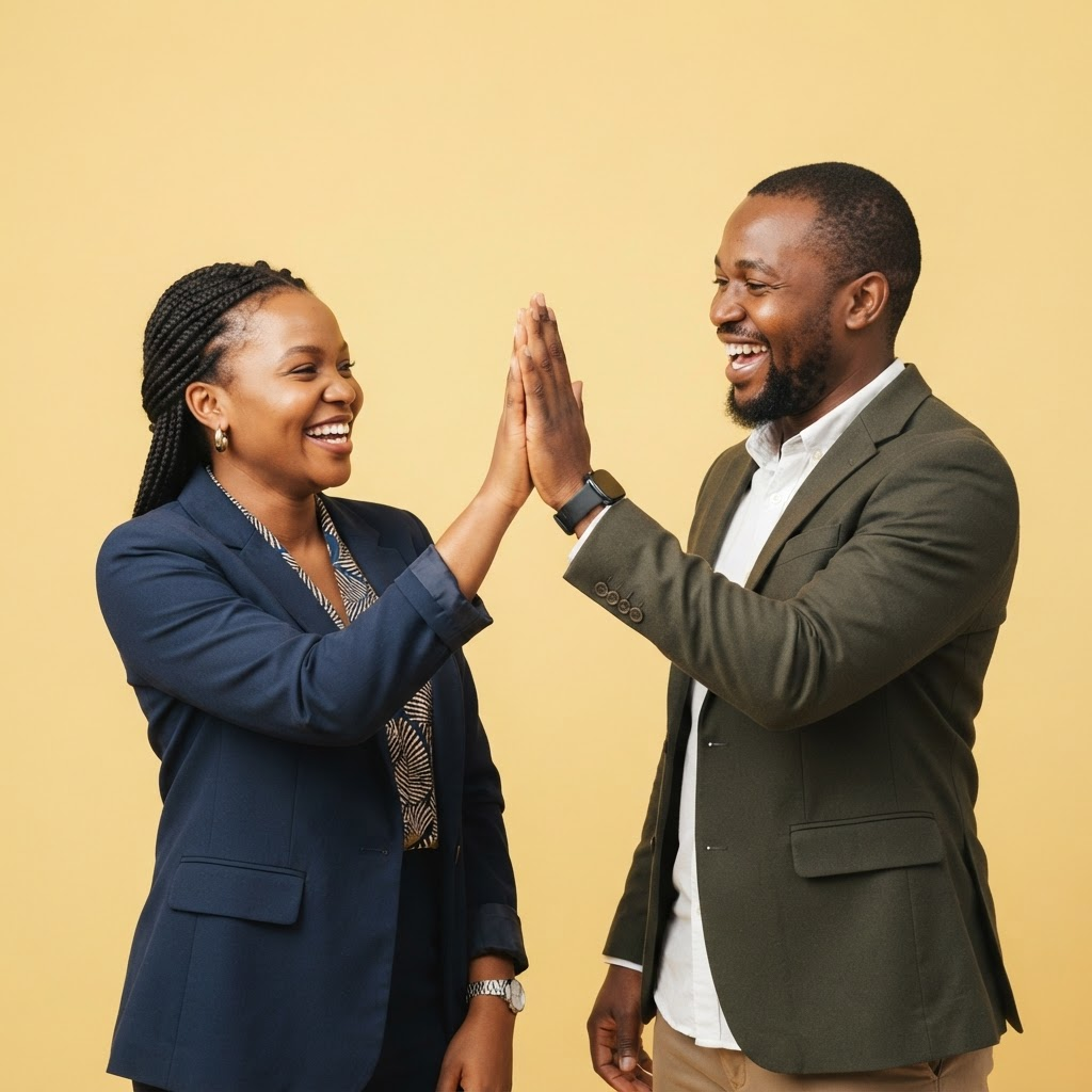 Two founders celebrating after handing over their compliance